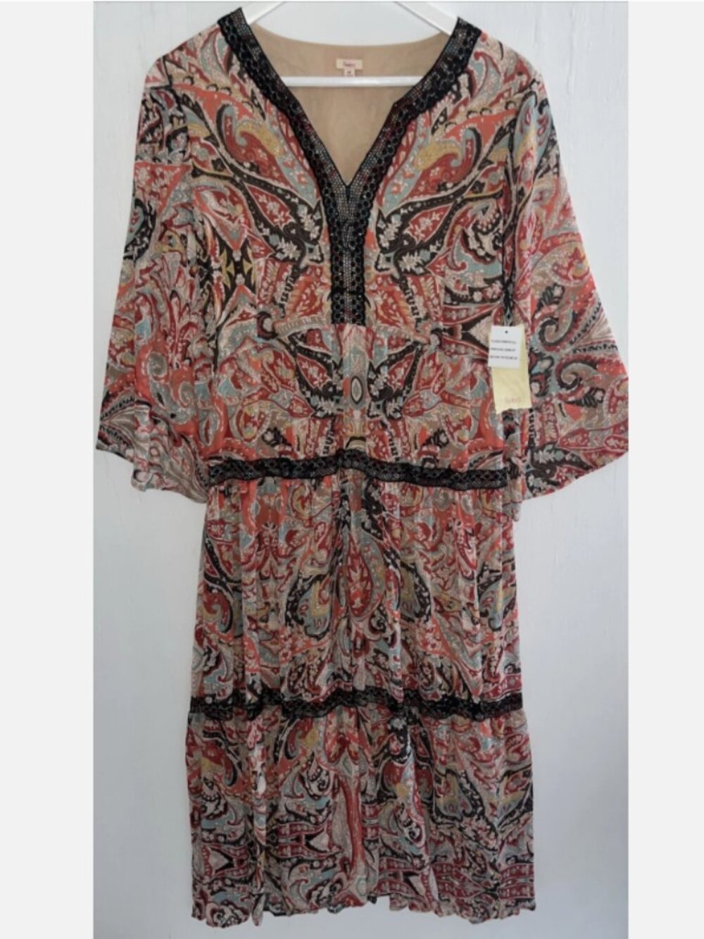 REBA Western Heritage Floral Paisley Midi Dress Lace Trim Jewels Lined M NWT
